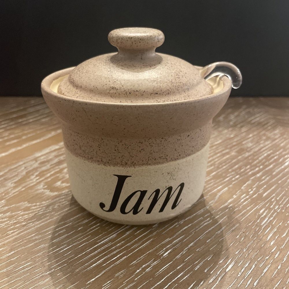 Pottery JAM Jar w/ GLASS SPOON  ~ John Hermansen England Stoneware  ~  Like  NEW